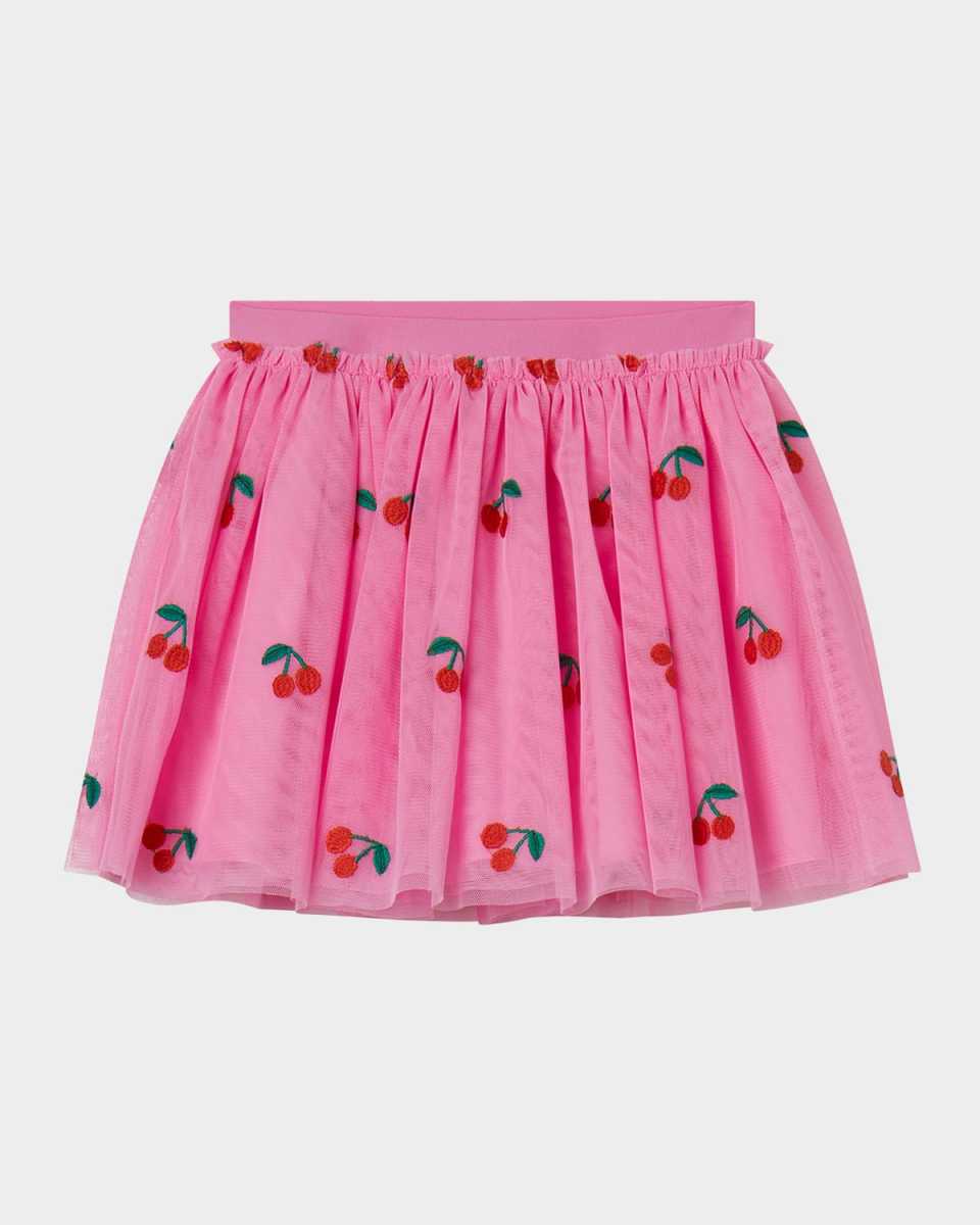 Girl's Cherry-Embroidered Tulle Skirt, Size 4-